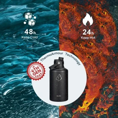 Buzio Duet Series Water Bottle with 2 Lids and Sleeve 1.9L - Starry Black